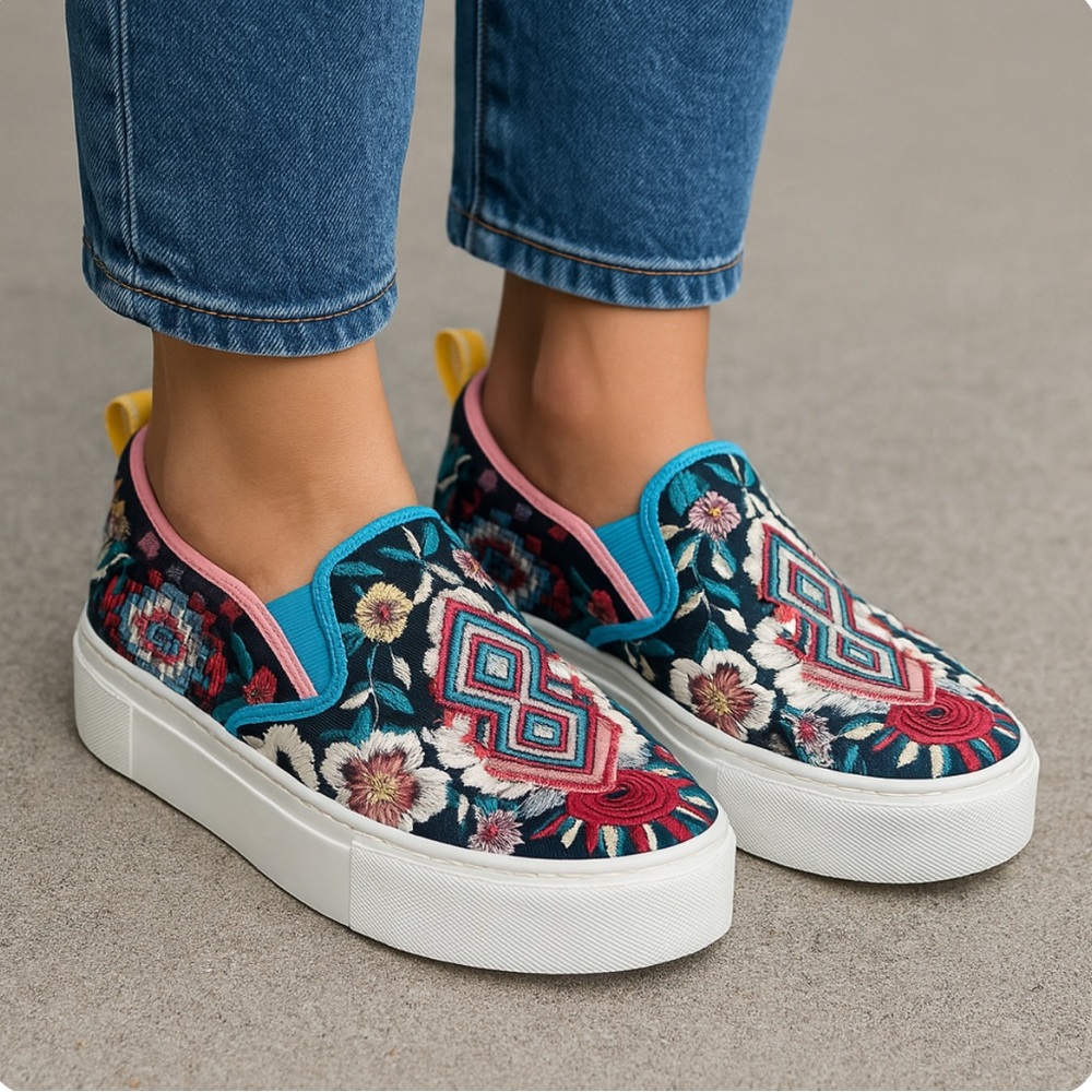 Johnny Was Black Embroidered Slip-On Platform Sneakers Size 37 New Comfy Fun